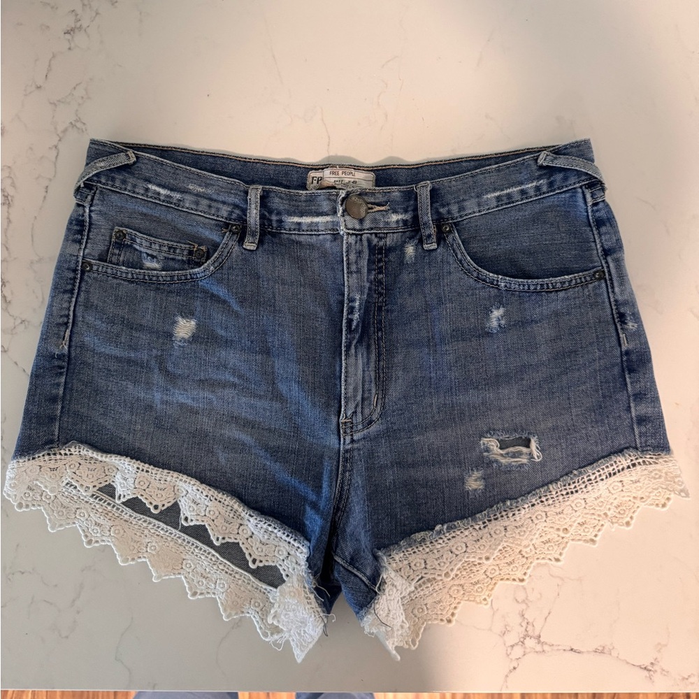 Free People Denim Shorts with Lace Trim